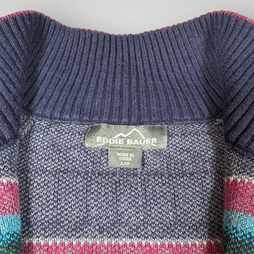 Eddie Bauer Sweater Tunic Womens Large Blue‎ Fair Isle 1/4 Zip Mock Neck Knit